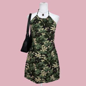 earth tone floral y2k halter neck mini dress girly whimsygoth grunge camo